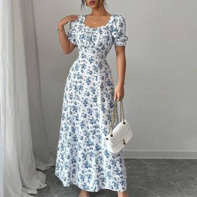SHEIN Women Elegant Floral Print Square Neck Ruffle Trim Dress, Ruffle Sleeve, Suitable For Spring, Summer, Autumn Seasons, Short Style