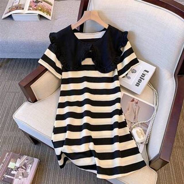 SHEIN Teen Girl Striped Dress, Peter Pan Collar, Black And Apricot, Summer