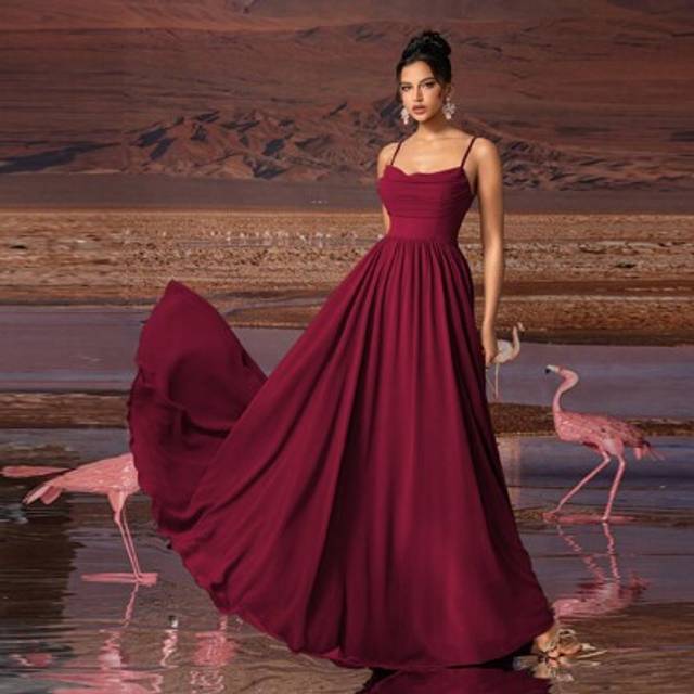 SHEIN AOSHABABI Burgundy Solid Draped Chiffon Elegant Formal Dress Gown, Suitable For All Formal Occasions, Gala, Wedding Guest, Music Festival, Holiday Par