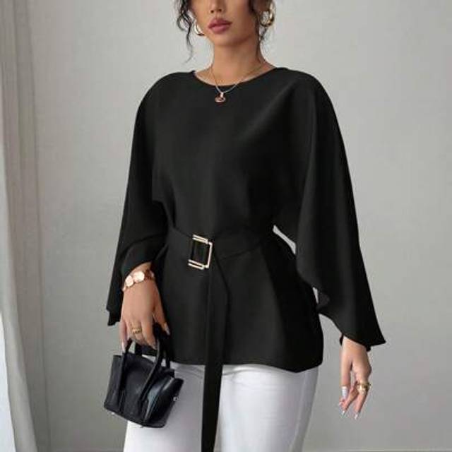 Gloray Women&#39;s French Style Round Neck Flutter Sleeve Self-Tie Waist Shiny Blouse, Spring/Summer