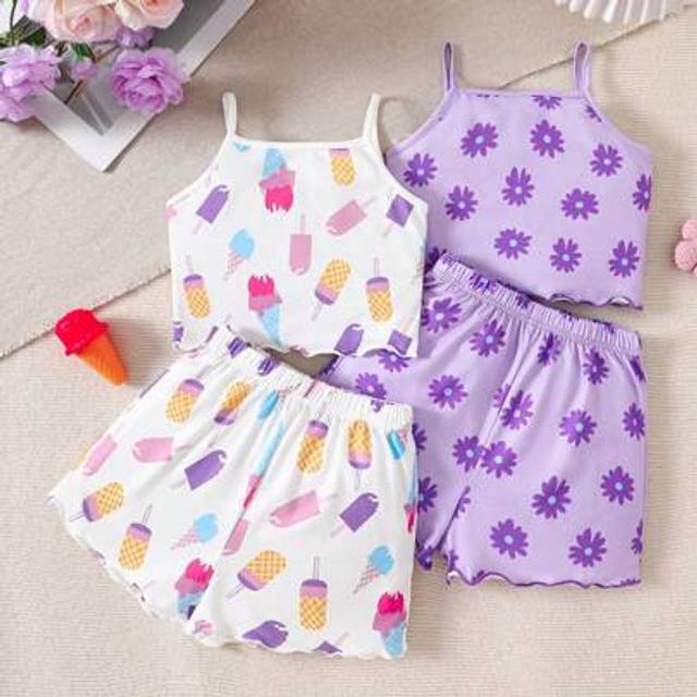 SHEIN 4pcs Young Girl Cartoon Ice Cream & Flower Pattern Loose Camisole Shorts Sleepwear Set, Casual Summer