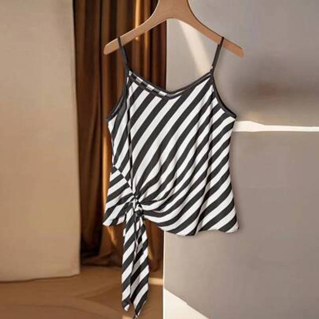 Franclia Women&#39;s Black And White Striped Camisole Vest, Stylish Asymmetrical Design