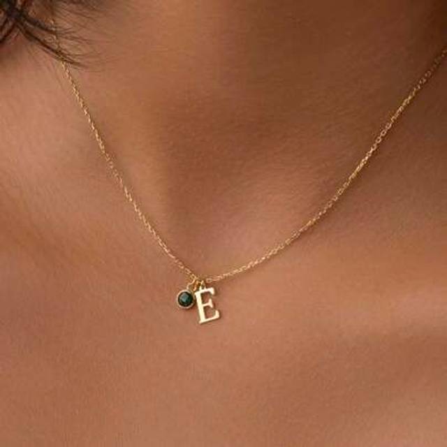 SHEIN Custom Personalized 18K Gold Plated Initial Necklace With Birthstone, Dainty Letter Necklace Birthday Gift For Her Gold Stylish,Unisex,Simple,Vintage,