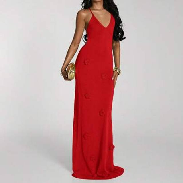 SHEIN Women&#39;s Elegant Sexy Floral Decor Backless Halter Maxi Knit Dress