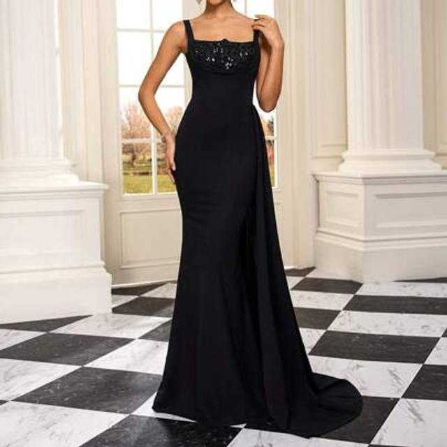 SHEIN Elegant Black Formal Mermaid Maxi Dress, Spaghetti Strap Sequin Patchwork Stretchy Knit Backless Gown For Ball, Wedding, Party, For Evening, Wedding G
