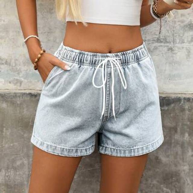 SHEIN Women&#39;s Summer Casual Washed Drawstring Waist Denim Shorts