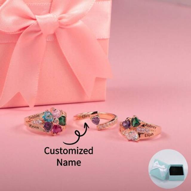 SHEIN Customized Personalized Heart-Shaped Birthstone Inlaid Engraved Multi-Name Ring, Mother&#39;s Day Gift, Valentine&#39;s Day Gift, Birthday Anniversary, Gift F