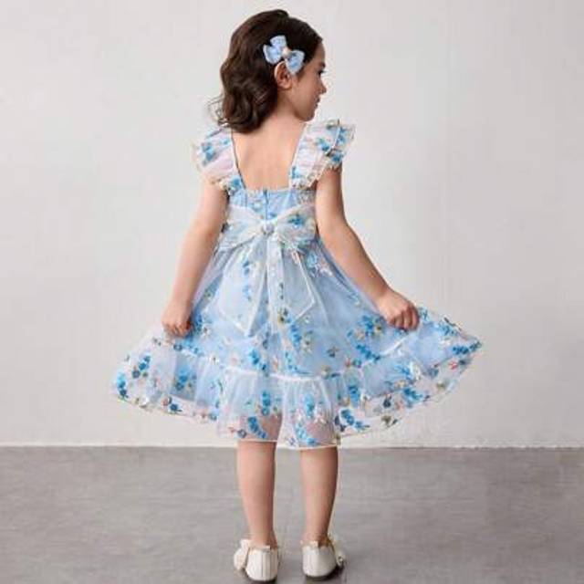 SHEIN Young Girl 3D Flower Lace Embroidered Mesh Ruff Sleve Midi A-Line Dress,Cake Dress,Flower Girl,Cute & Elagant & Sweet & Vintage & Fashionable. Mom And