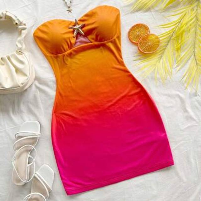 Soleia Women&#39;s Gradient Tie Dye Print Backless Mini Dress, Metal Starfish Decor, Fitted & Slimming, Suitable For Party, Date, Beach Vacation, Summer Outfit,S