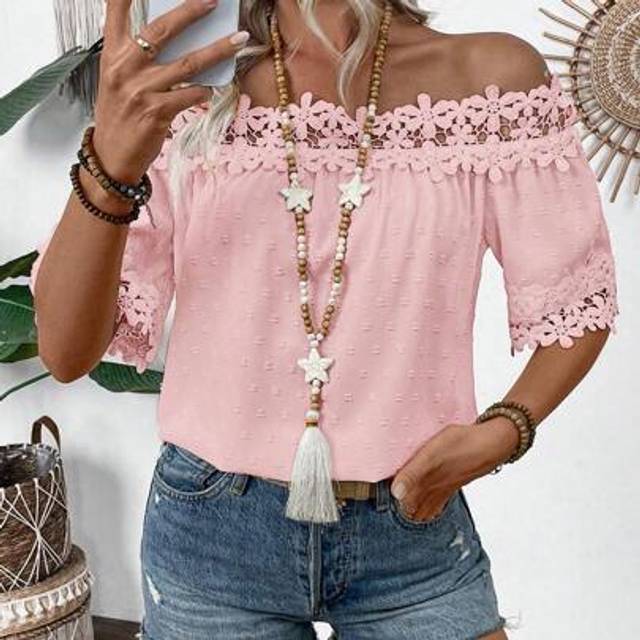 SHEIN Women&#39;s Summer Lace Patchwork Swiss Dot Off Shoulder Blouse