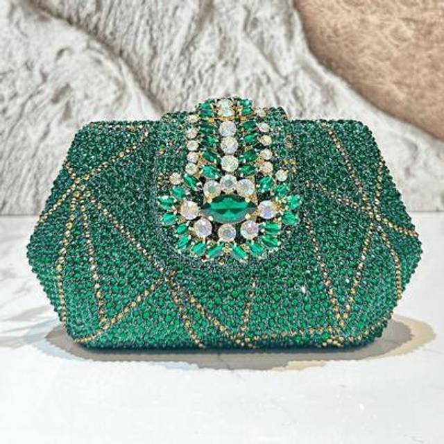 SHEIN 1PC New Luxury Green Rhinestone Bling Handbag Floral Clutch Bag Small Party Wedding Shoulder Bag, Suitable For Formal Occasions Like Dinner Party, Wed