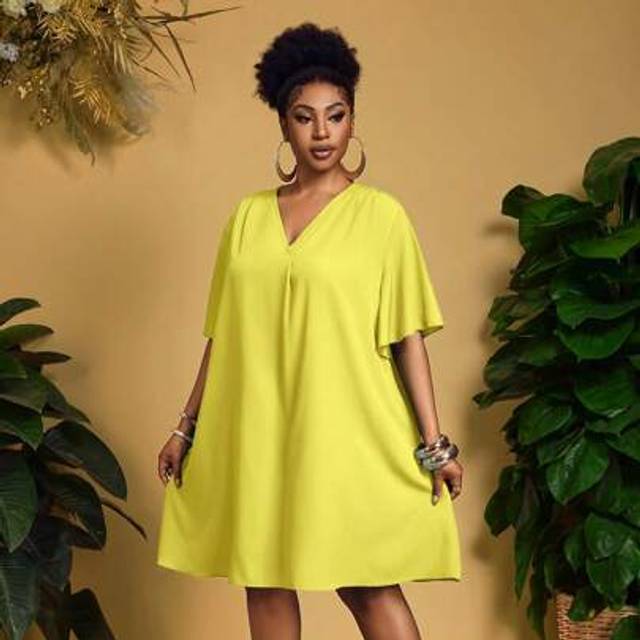 Slaydiva 2025 New Elegant Casual/Business Casual Women Short Sleeve Chiffon V-Neck Flared Sleeve Loose Midi Dress,Summer Outfits For Women,Sun Dresses For Wome