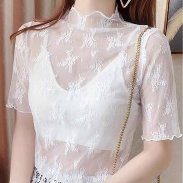 SHEIN Women&#39;s Lace-Trim High Neck Short Sleeve Sheer Cami Tank Top, Transparent Net Yarn Undershirt