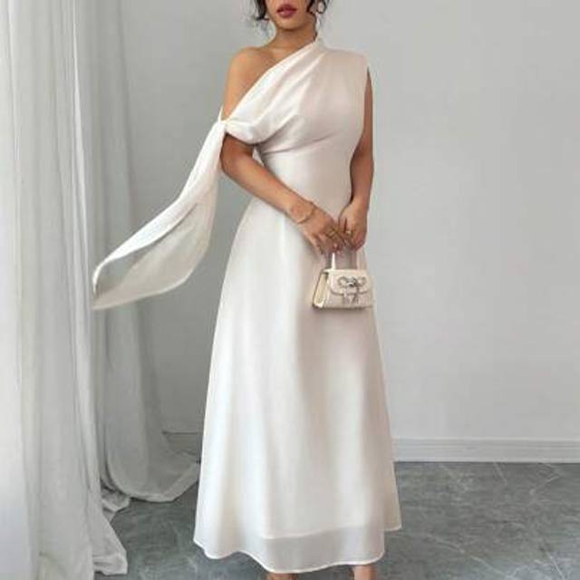Rafferiza Women&#39;s Elegant Solid Color Necktie Minimalist Sleeveless Long Shirt Dress, Light Color