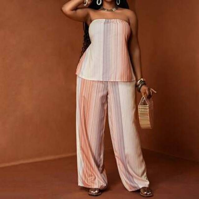 Veslaya 2pcs Plus Size Women&#39;s Bohemian Gradient Striped Print Sleeveless Crop Top And Wide Leg Pants Set, Spring/Summer 2025 Vacation & Casual Wear