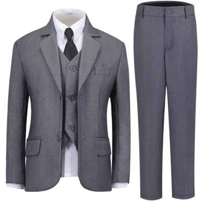 SHEIN Boys Suits 4-Pieces Suit Set Toddler Tuxedos Dresswear Ring Bearer Outfit Wedding Blazer Vest Pants Tie Formal Suits For Kids Grey Size 6-14Y