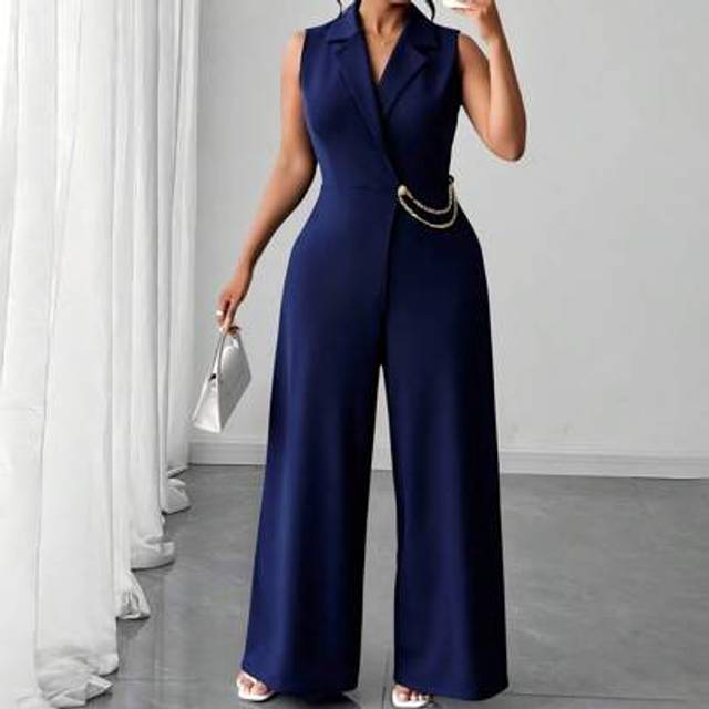 Maweii Plus Size Women&#39;s Casual Business Suit Collar Sleeveless Straight Leg Jumpsuit