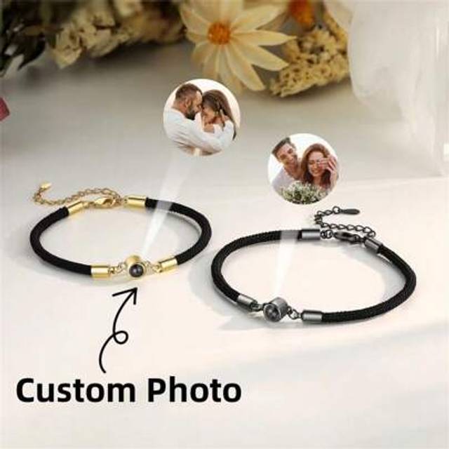 SHEIN Custom Photo Engraved Woven Bracelet Nano Colored Carving Picture Couples Bracelet Anniversary Wedding Gift Black,Silver,Gold,Rose Gold Stylish,Vintag