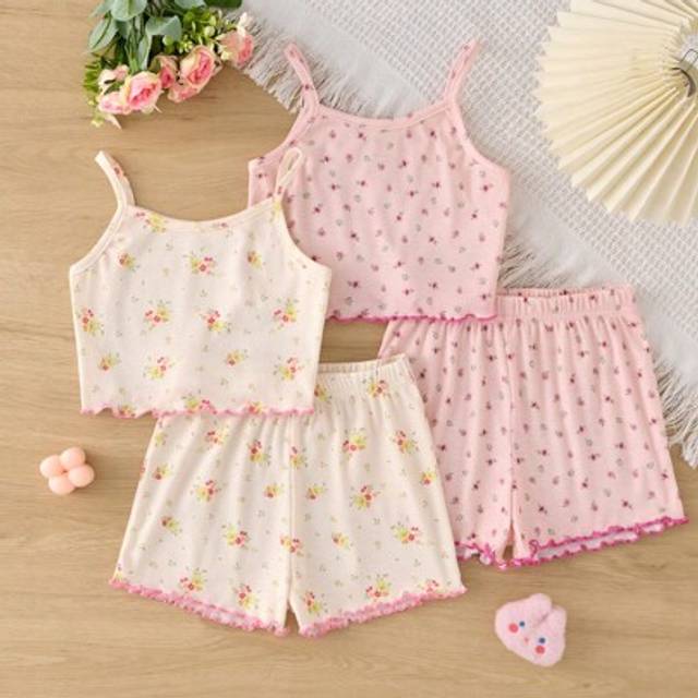 SHEIN 2pcs Dozemod Young Girl Girls Ditsy Floral Frill Hem Camisole Shorts Casual Comfy Pajama Set