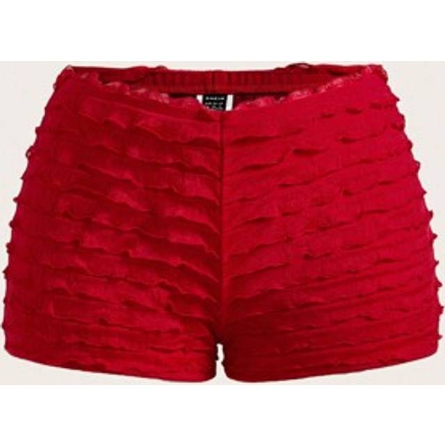 SHEIN Women&#39;s Casual Fashion Red Low Rise Slim Fit Elasticity Mini Shorts Women Boxer Shorts Ruffle Shorts Red Shorts Red Bottoms All-Match Shorts Tomato Gi