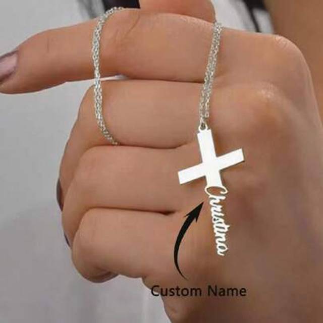 SHEIN Personalized Name Cross Necklace For Women Men Silvery Gold Color Stainless Steel Customized Name Cross Pendant Jewelry Custom Easter Jewelry Christia