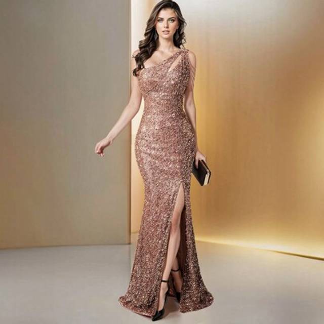 HOMEYEE Sexy Open Shoulder Glitter Evening Dress, Vintage Casual Holiday Cocktail Party Mermaid Dress Elegant Formal Prom Wedding Guest Gown, For Graduation,