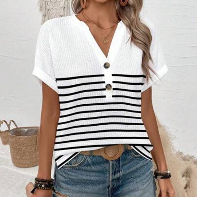 SHEIN Women&#39;s Striped Button Half-Placket Short Sleeve Casual T-Shirt