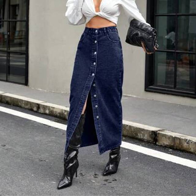 SHEIN Mobula Sound Spring & Summer Sexy Music Festival Versatile Fashion Long Denim Skirt With Button Decor & Side Slit Design, Elegant Ladies Maxi Skirt