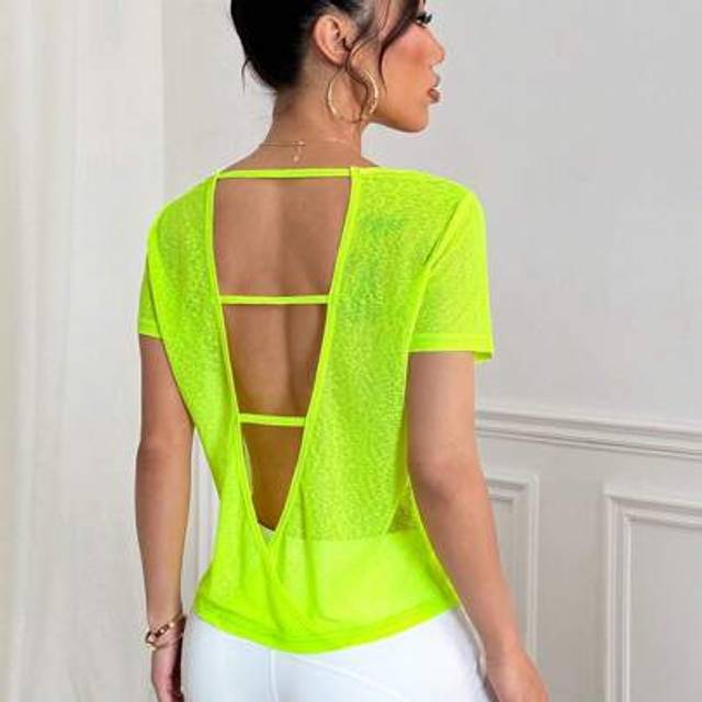 SHEIN Women&#39;s Mesh Hollow Sheer Backless Short Sleeve Sports T-Shirt