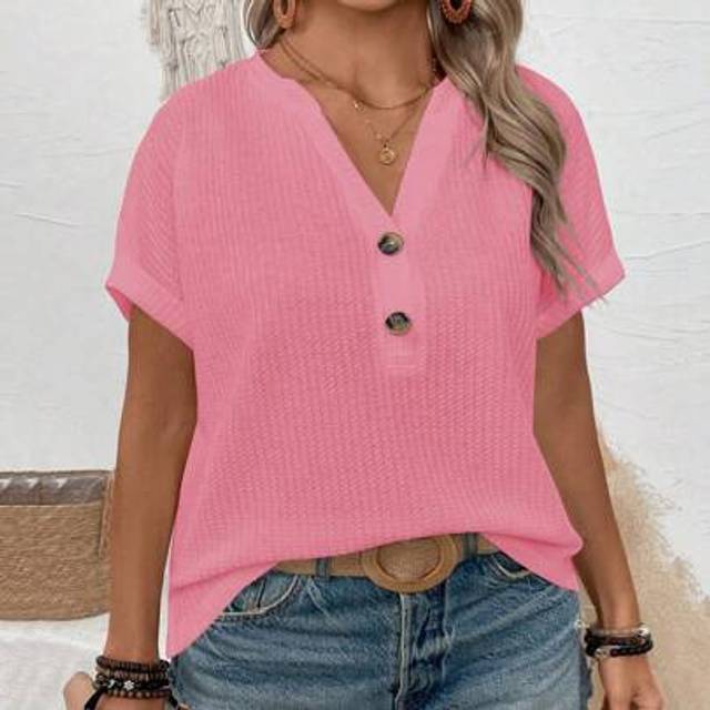 SHEIN New Arrival Plus Size Women Fashion Casual Loose V-Neck Button Short Sleeve T-Shirt
