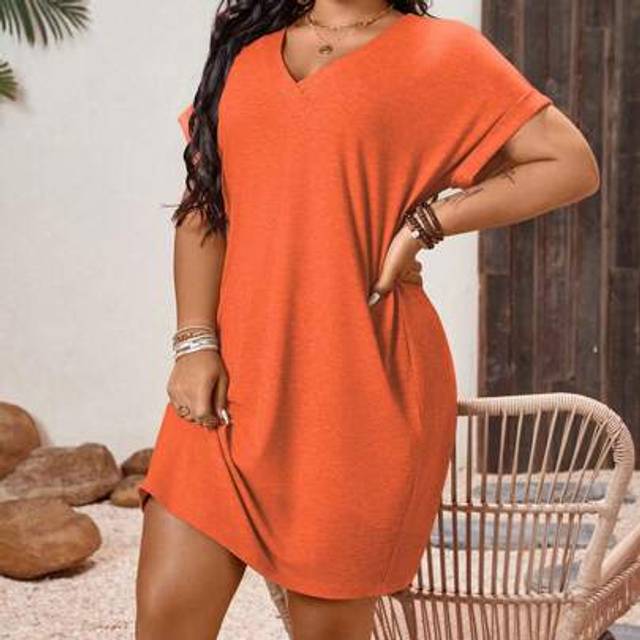 Luneh Plus Size V-Neck Solid Color Ruffle Sleeve Midi Casual Sundress, Spring