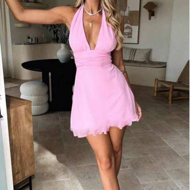 SHEIN Women&#39;s Fashionable Pink Deep V-Neck Halterneck Mini Dress