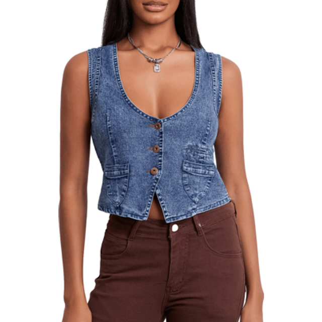 SHEIN Women Denim Vest, Sleeveless V Neck Button Vest Outwear Gilet With Pockets For Casual Street