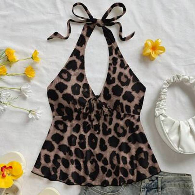 Soleia Women&#39;s V-Neck Bowknot Decor Backless Babydoll Top, Casual Holiday Wear, Leopard Print, Suitable For Summer,Rave Top