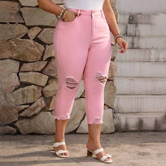 SHEIN Plus Size Simple Plain Ripped Skinny 7/8 Length Denim Jeans