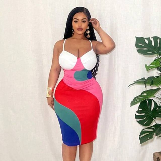 Slaydiva 2025 Summer&Beach New Elegant & Sexy & Party Plus Size Women Contrast Color Block Print Bodycon Spaghetti Strap Midi Dress