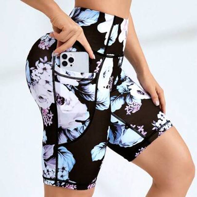 SHEIN Floral Printed High Waist Sports Shorts With Belt And Pockets, Summerbiker Shorts
