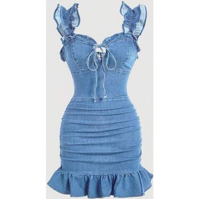 SHEIN Women&#39;s Sexy Ruched Fitted Denim Dress With Ruffle Trim, Summer