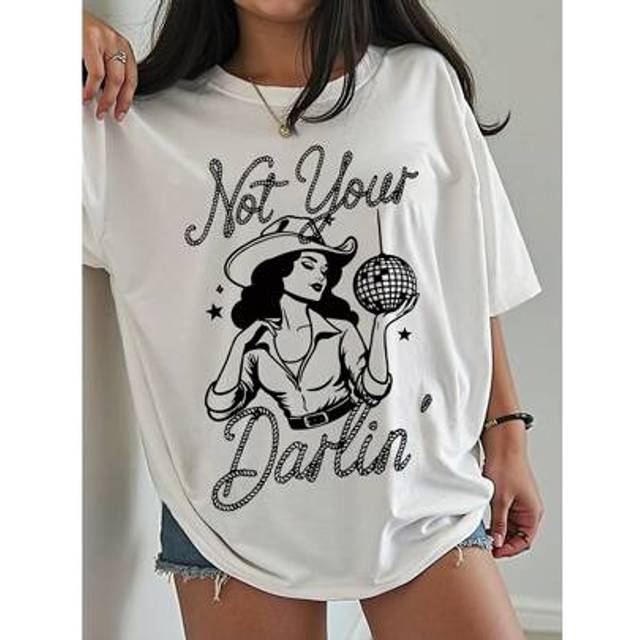 INAWLY Plus Size Women&#39;s Western Cowgirl Printed Round Neck T-Shirt Graphic Tees Women Tops, For Summer