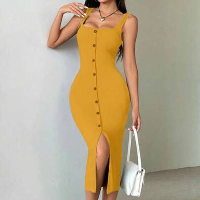 Flirla Button Front Square Neck Split Thigh Tank Dress Maxi Women Outfit