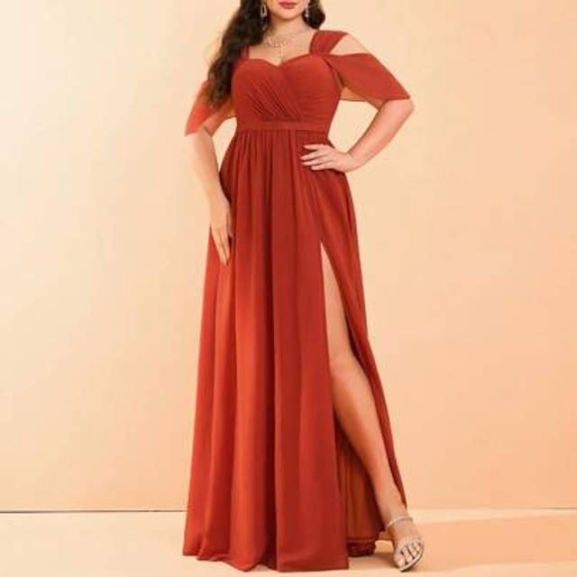 SHEIN Plus Size Mgiacy Sweetheart Neck Faux Pearl Chiffon Ruffle Sleeve Front Slit Formal Dress, Bridesmaid Dress