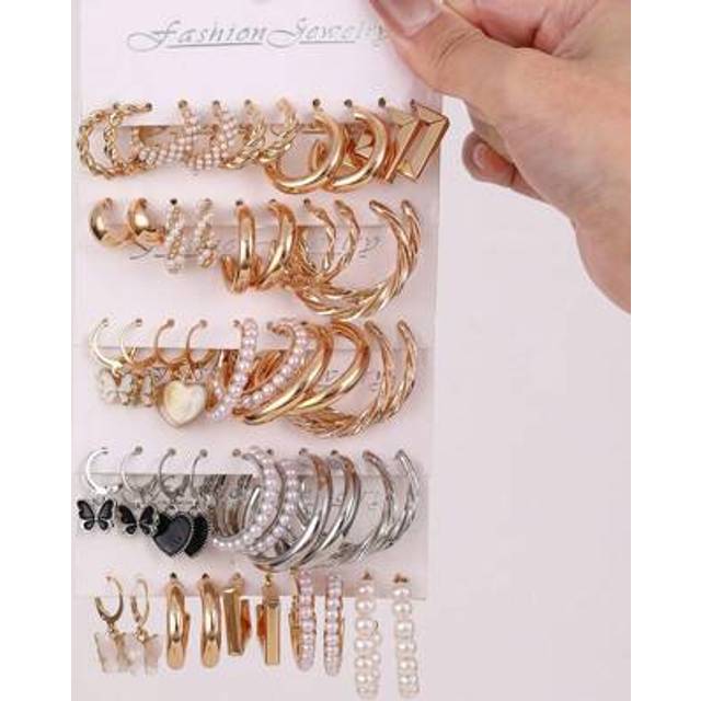 SHEIN 10pcs/Set Girls Butterfly, Heart, Pearl Design Gold & Silver Hoop Earrings