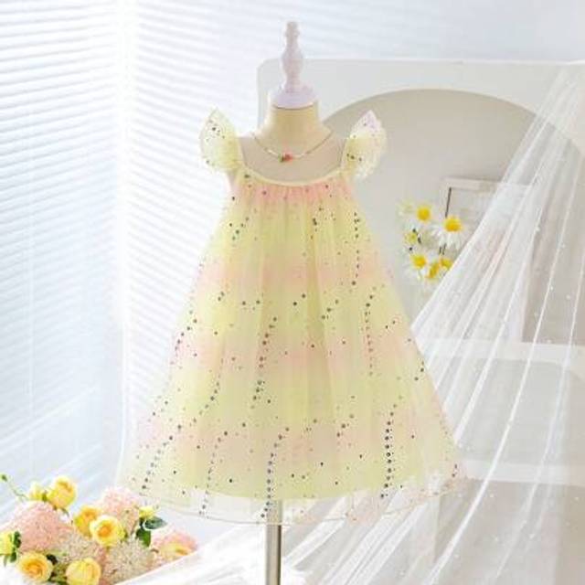 SHEIN Young Girl&#39; Multi-Layer Cap Sleeve Ombre Print & Floral Patched A-Line Mesh Princess Dress, Spring/Summer