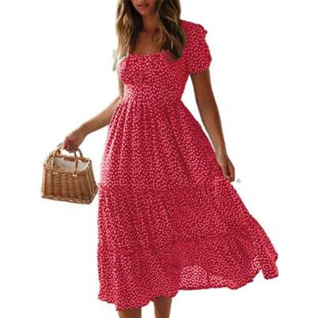 SHEIN Women&#39;s Floral Dress Square Neck Puff Sleeve Tiered Ruffle Midi Dress For Daily Office Party Club