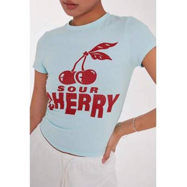 SHEIN HQ Ladies Summer Clothes, Hot Girl Short Tops Slim Fit Cherry Letter Hot Diamond Print Short Sleeve T-Shirt Women Summer