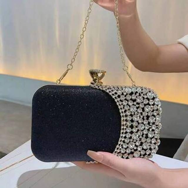 SHEIN Party Handbag With Metal Handle Diamond Evening Clutch Bag Women Wedding Golden Clutch Purse Chain Shoulder Bag Small