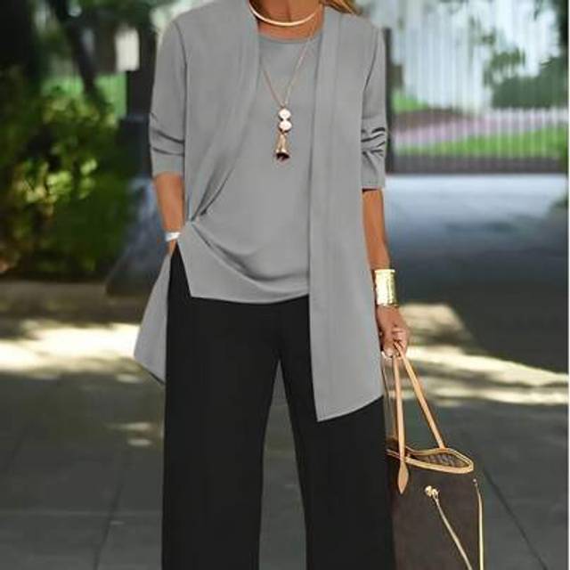 SHEIN 3 Pieces Set Women Casual Solid Color Blazer + Round Neck Sleeveless Tank Top + Elastic Waist Drape Pocket Straight Leg Pants Suit For Commuting, Spri