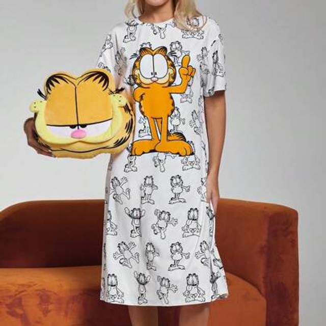 SHEIN Women Summer Y2K White Cute Cartoon Cat Print Round Neck Short Sleeve Midi Dress Summer Dresses For Women T-Shirts Dress Concert