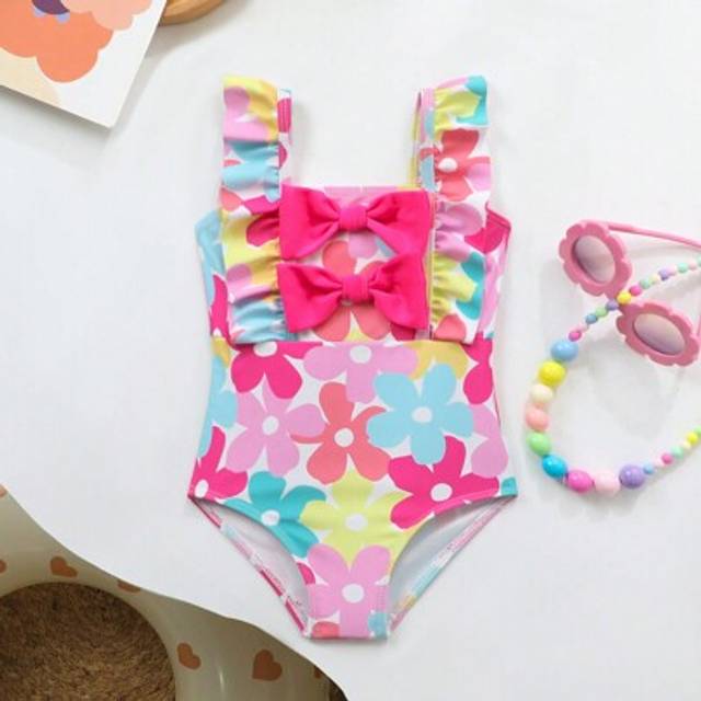 SHEIN Baby Girls Cute Bowknot Retro Print One-Piece Swimsuit (Print Randomly)