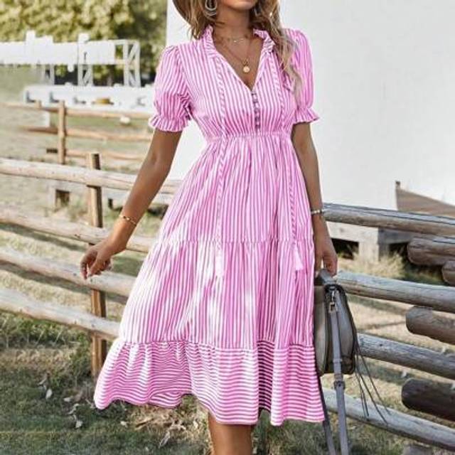 SHEIN Vertical Striped Flounce Sleeve Tassel Tie Neck Ruffle Hem Dress Maxi Women Outfit